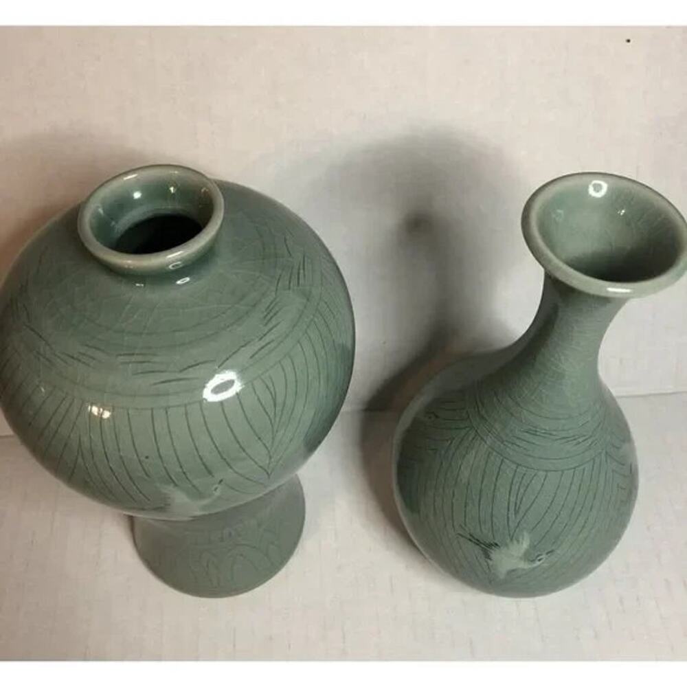 Pair Celadon Vase set Crane Crackle Glaze Decorate Green Pottery Asian Style - Picture 2 of 8